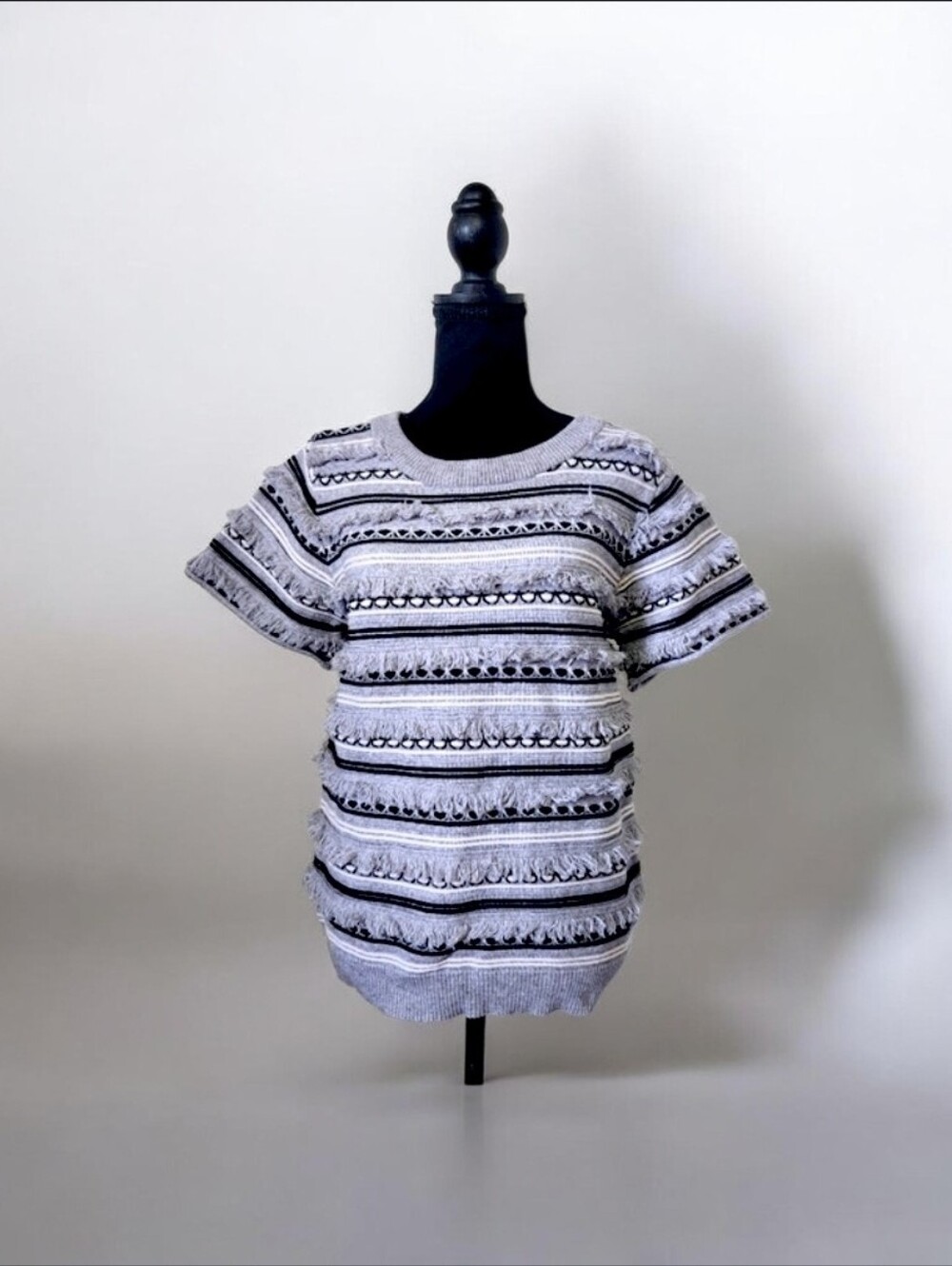 THML Gray & Black Fringed Striped Knit Crewneck Top